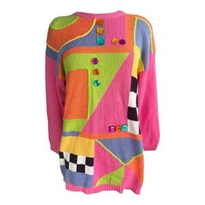 Vtg 90s Santoria Abstract Art Geometric Multicolor Sweater Lrg Dopamine Pop Art